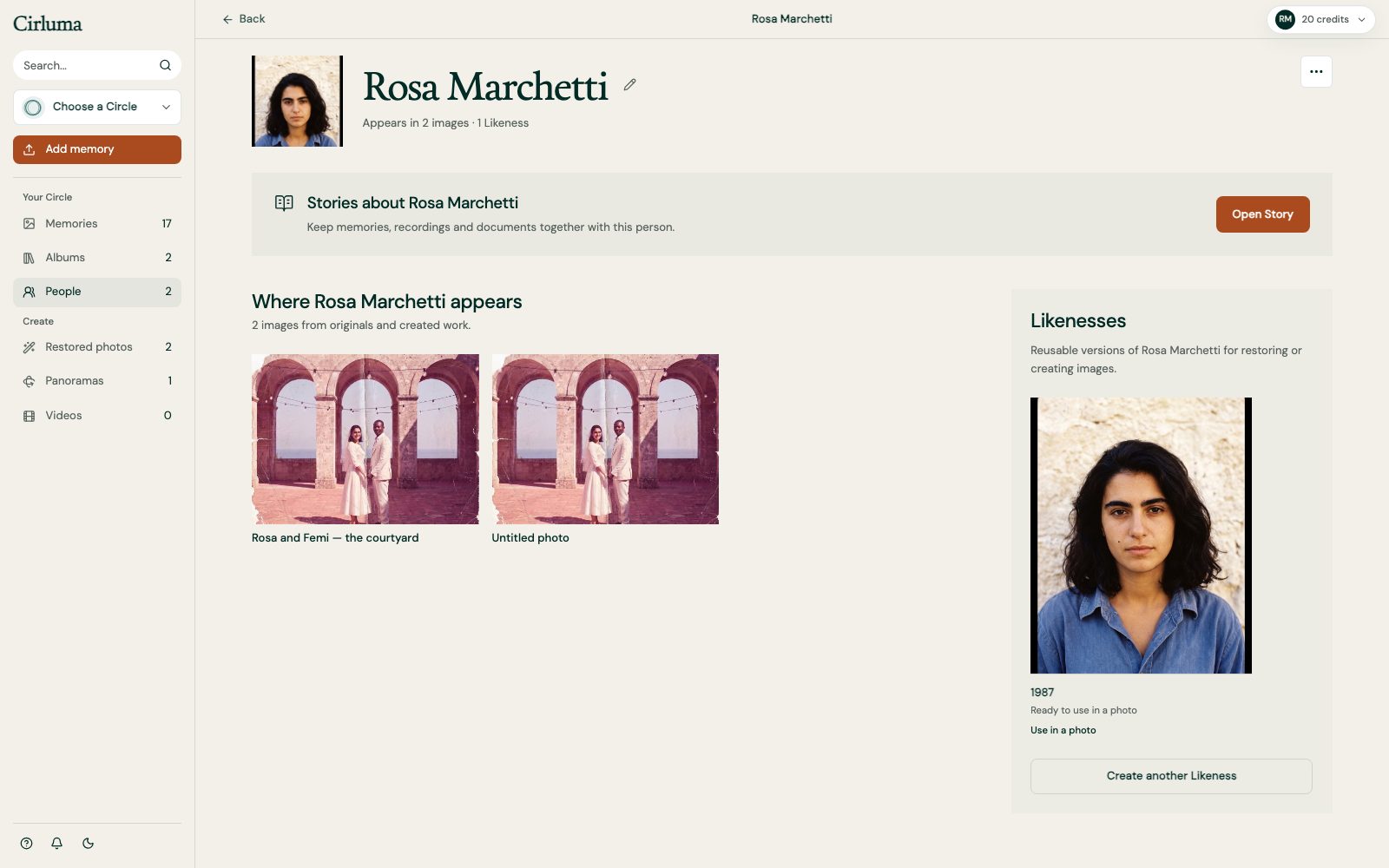A person's screen in Cirluma on the desktop web app, showing where they appear and their reviewed Likeness.