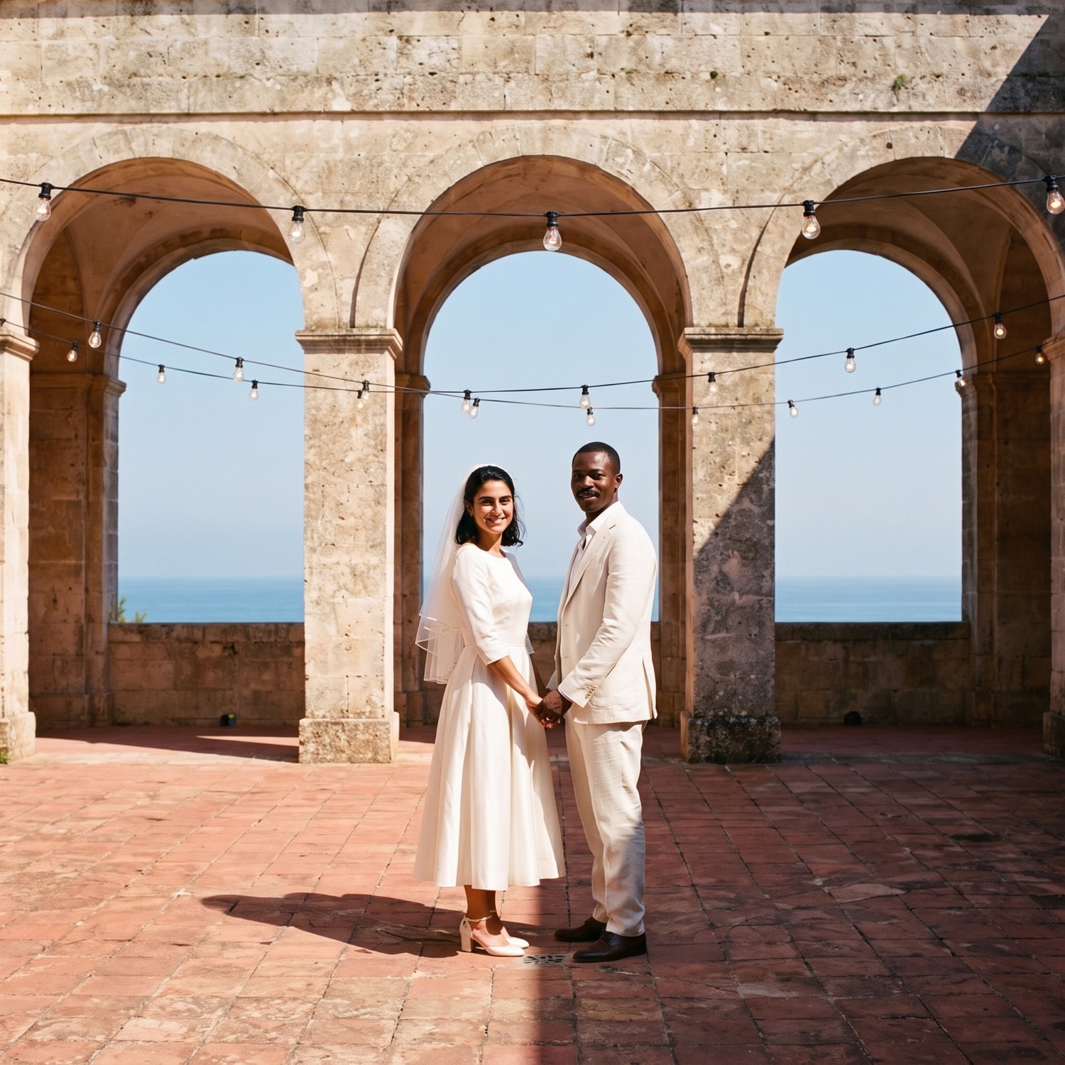 An Italian bride and a Nigerian groom standing together in a sunlit courtyard in 1987.