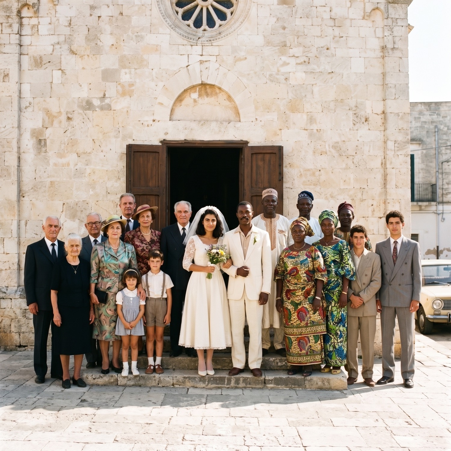 Two families on the steps of a stone church in 1987, three generations ranged either side of the couple.