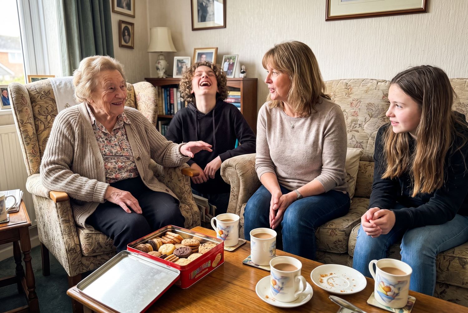 A woman in her fifties and two teenagers sitting on a sofa beside an older woman in an armchair, mugs and an open tin on the table between them.