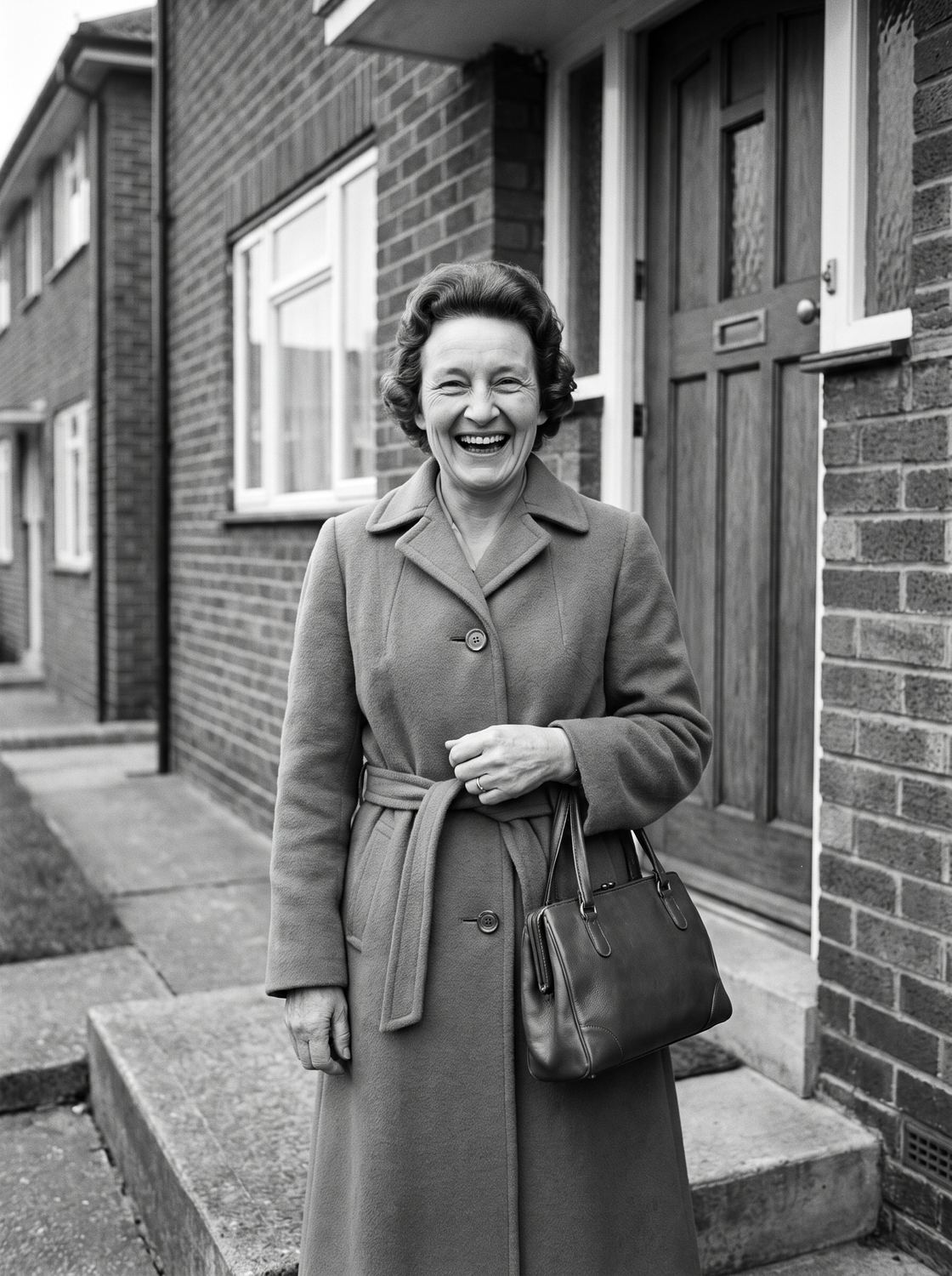 A young woman of about twenty-two standing on a suburban front step in a belted coat in 1961, holding a handbag and laughing at the camera.