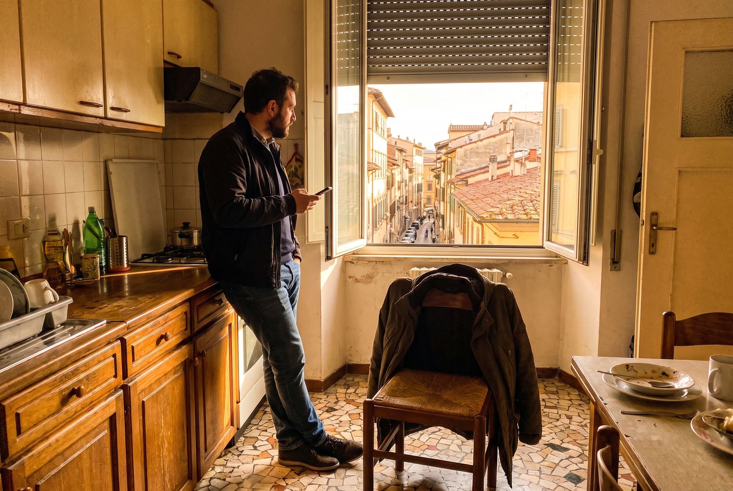 A man in his thirties standing at a kitchen counter in a city apartment in strong evening light, holding a phone but looking out of the window.