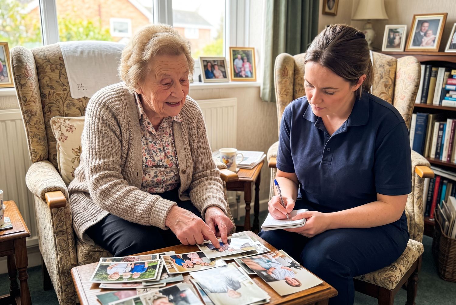An older woman in an armchair pointing at loose printed photos spread on a table, while a woman sitting beside her listens and writes in a paper notebook.