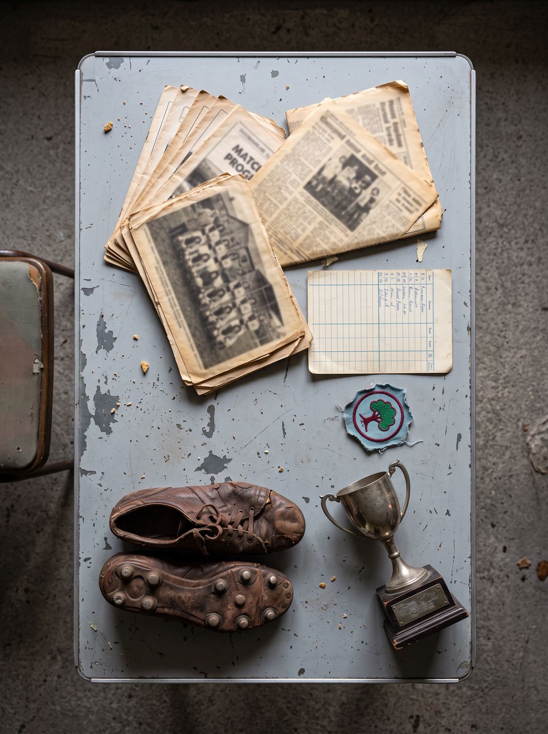Club paper laid out on a folding table: folded matchday programmes gone brown at the edges, yellowed newspaper cuttings, a hand-ruled fixture card, an embroidered cloth badge and a pair of cracked leather boots.