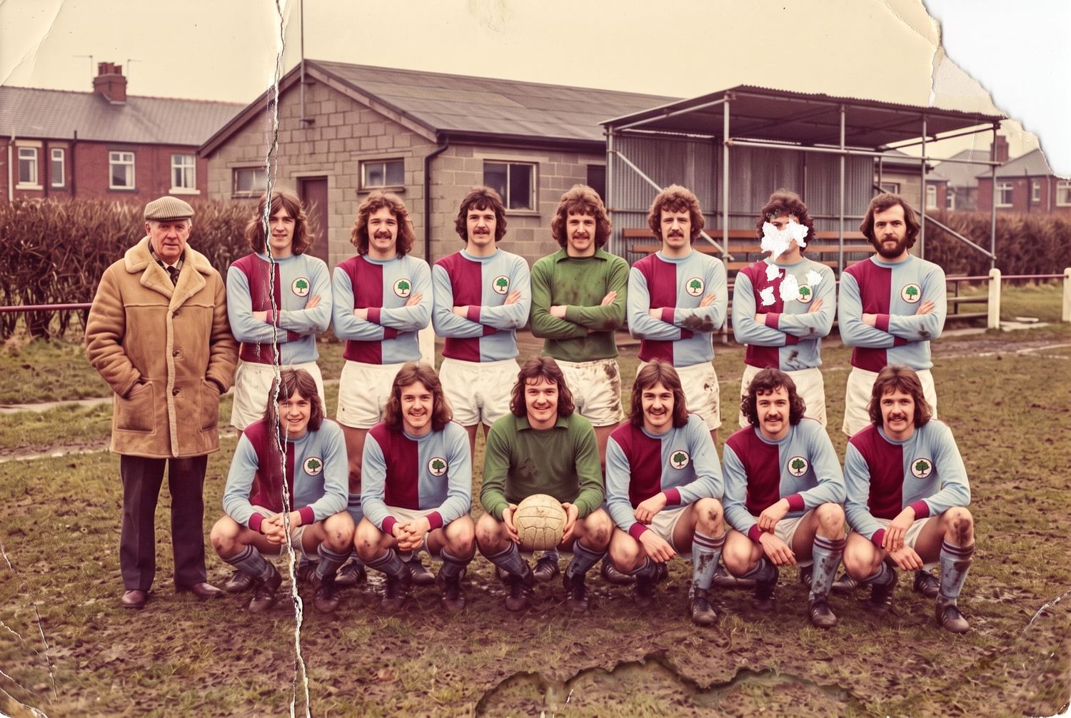 The 1974 team photo as it survived: heavily faded and colour-shifted, with a long crease, a torn corner and water staining along the bottom edge.