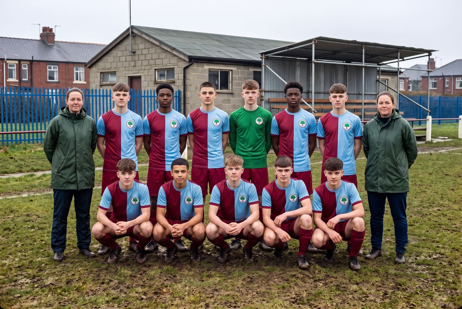 A present-day under-sixteens football team of twelve posed in two rows on the same municipal pitch, in the same claret and pale blue halves with the same round badge, and a coach in a plain waterproof coat at each end.