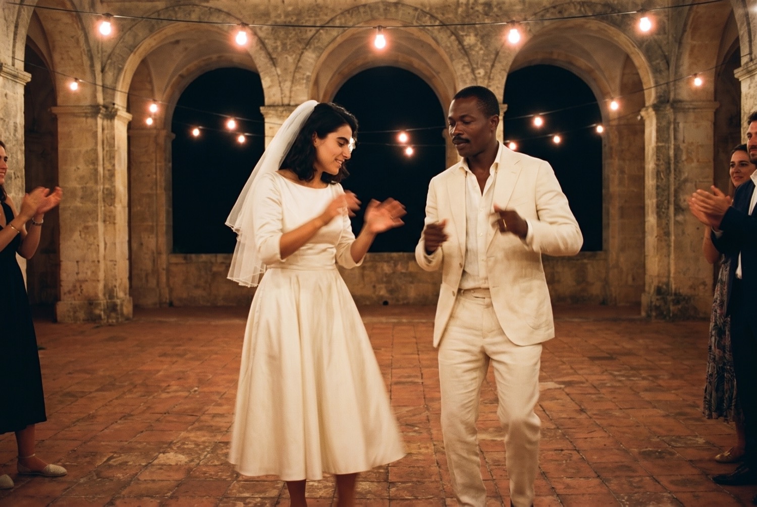 A bride and groom dancing on a terracotta floor under strings of bulbs, hands blurred with movement.