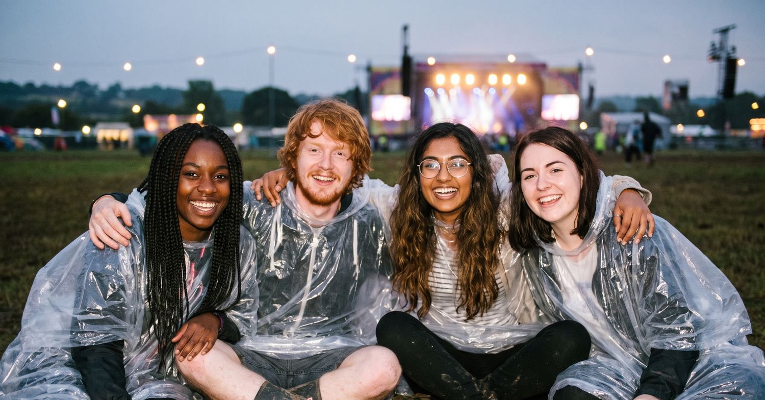 Four friends in their early twenties sitting close together on wet grass at a music festival at dusk, in cheap plastic ponchos, a lit stage behind them.