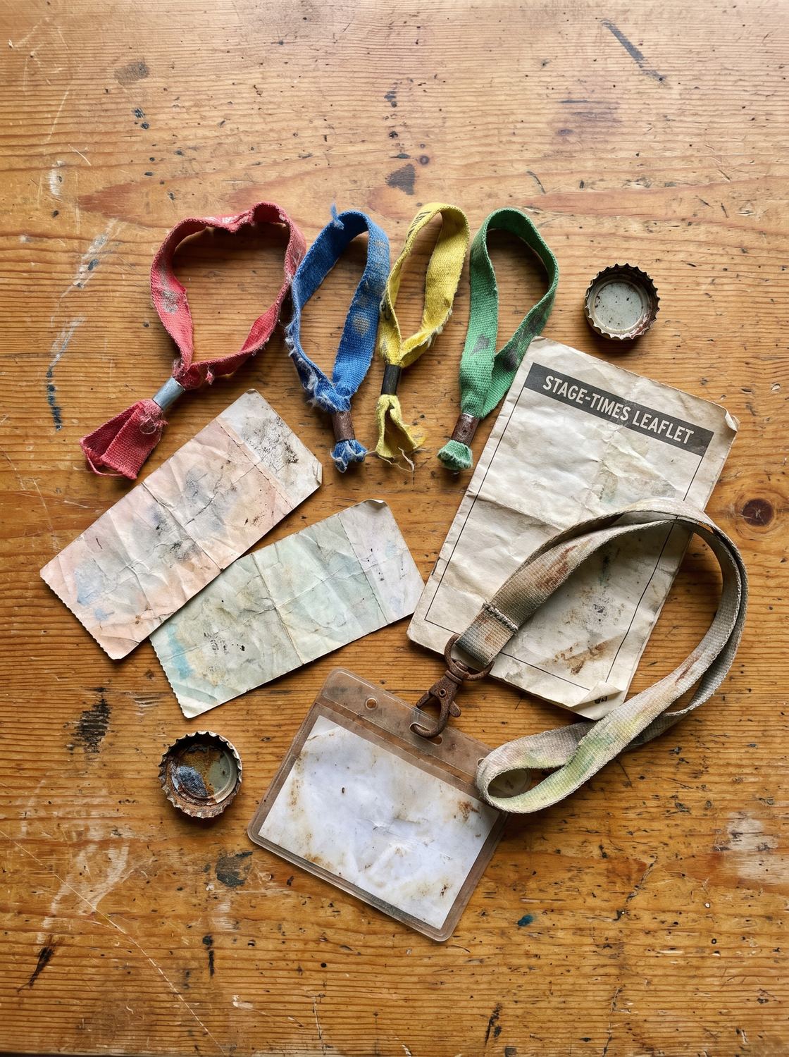 A small pile of festival paper on a wooden table: four cut cloth wristbands in different colours, two creased tickets, a folded leaflet and a lanyard.