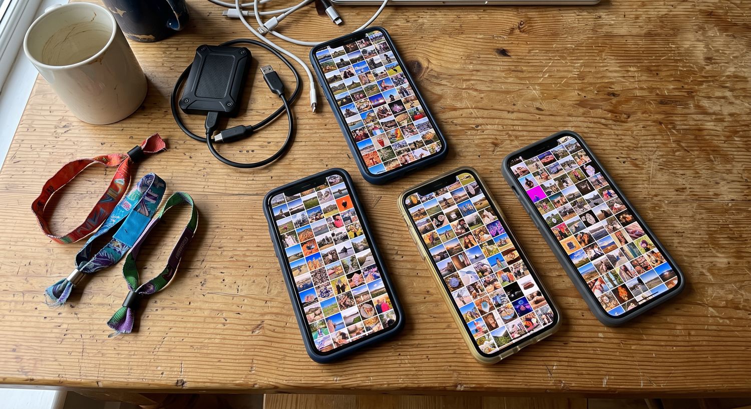 Four phones lying on a kitchen table, each screen filled with a different grid of small photo thumbnails, beside a hard drive, tangled cables and four cut festival wristbands.