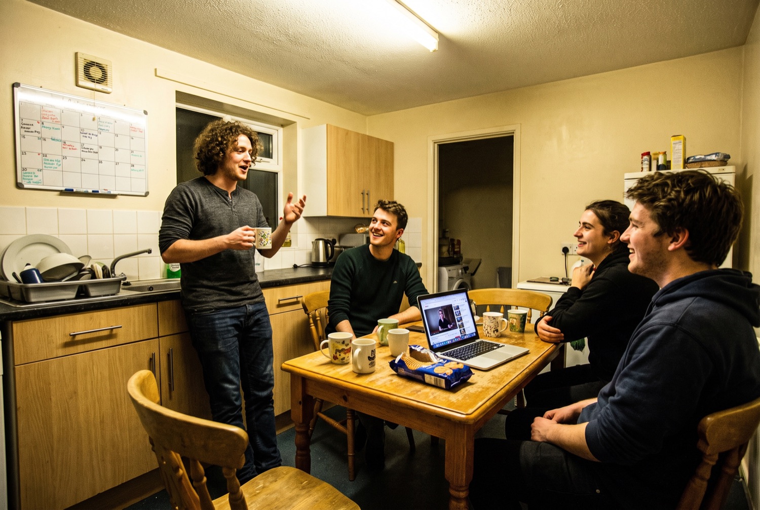 Four students around a small table in a shared house kitchen at night, one of them standing mid-sentence.