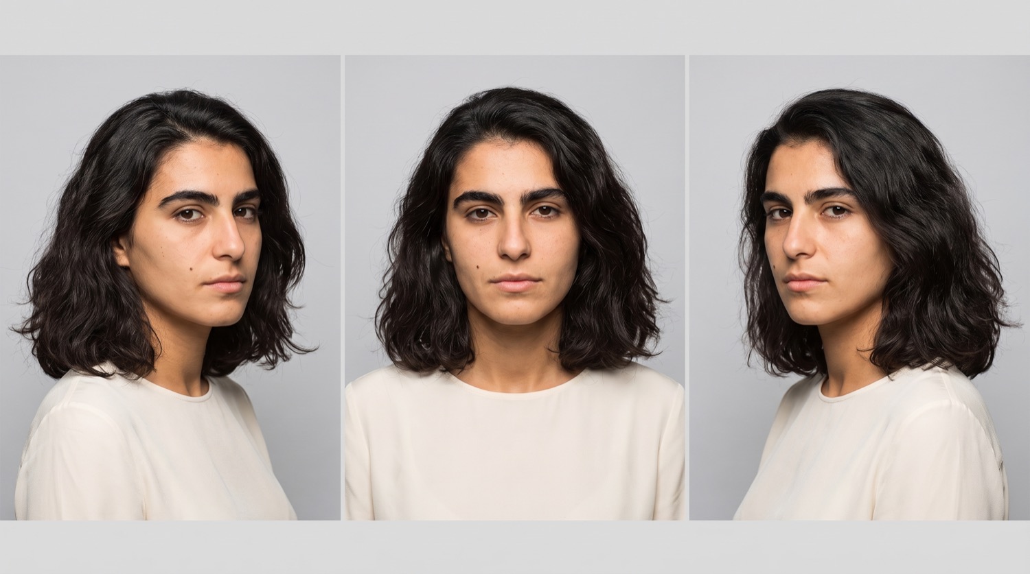 Rosa Marchetti in 1987, seen from three angles against the same plain backdrop.