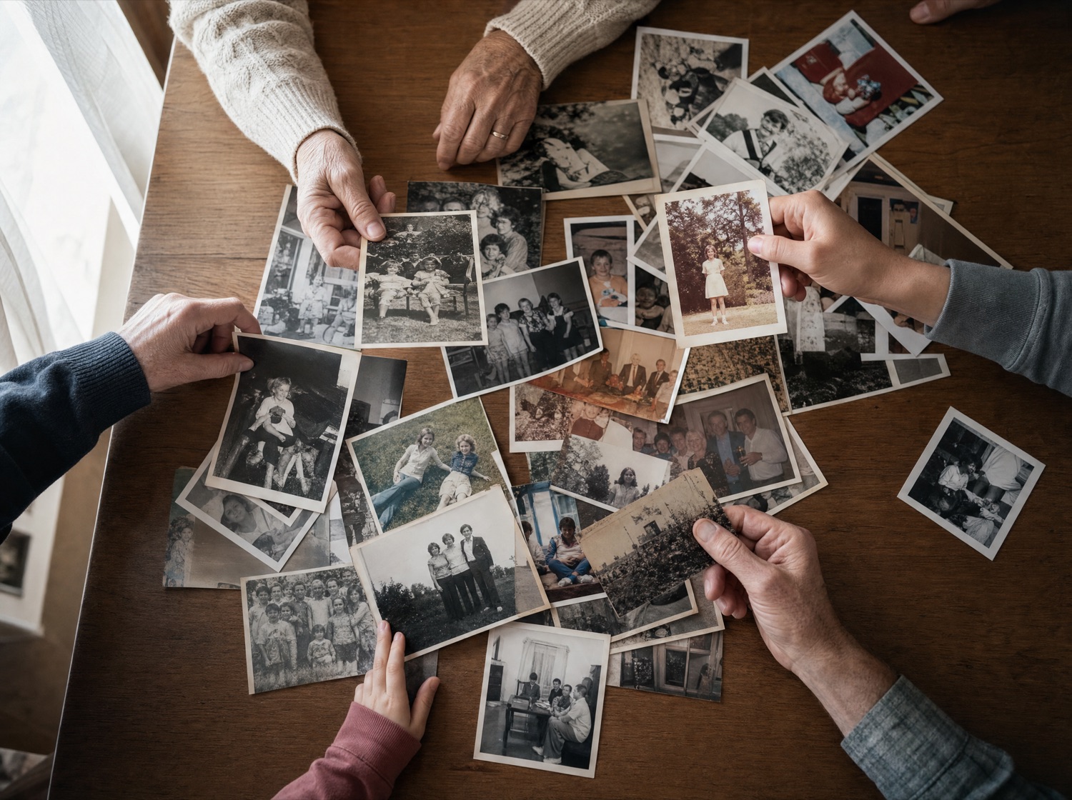 Several hands of different ages reaching across a table covered in loose family photos.